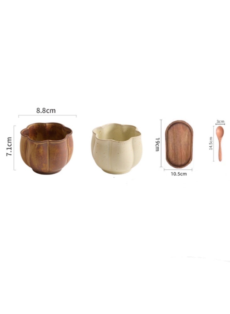 Vintage Flower Rough Pottery Coffee Cup, Ceramic Mug, Creative Tea Cup Coffee Color+Acacia Wood Coaster+Beech Wood Spoon - Image 4